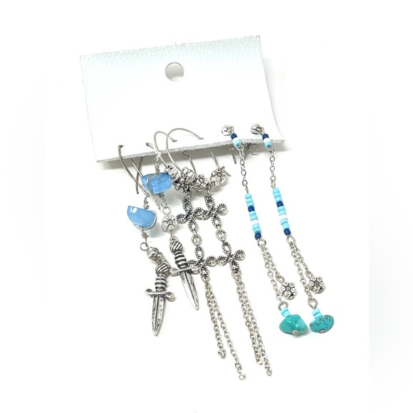 New Free Peoppe Sirens Earring Set Silver Turquoise - Picture 5 of 5
